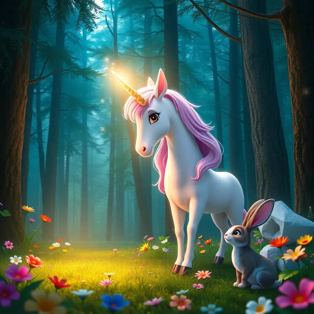 The enchanted forest with Bella the unicorn glowing softly with a magical light from her horn, while the rabbit looks up in awe, surrounded by tall trees and colorful flowers, detailed digital art, magical ambiance, bright light, high quality
