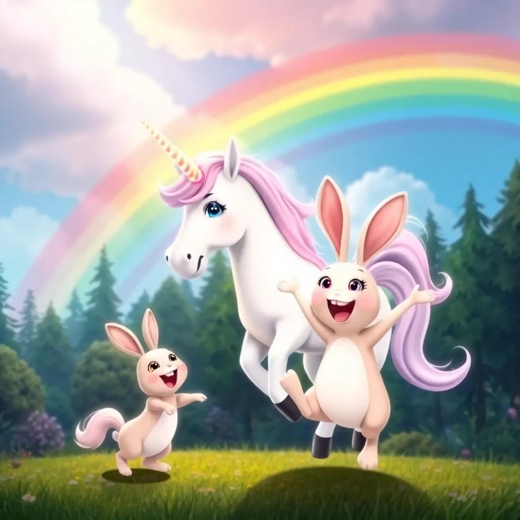 Bella the unicorn creating a beautiful rainbow in the sky with her glowing horn, while the happy rabbit jumps for joy, against a backdrop of the enchanted forest, colorful scene, cheerful, child-friendly, high quality