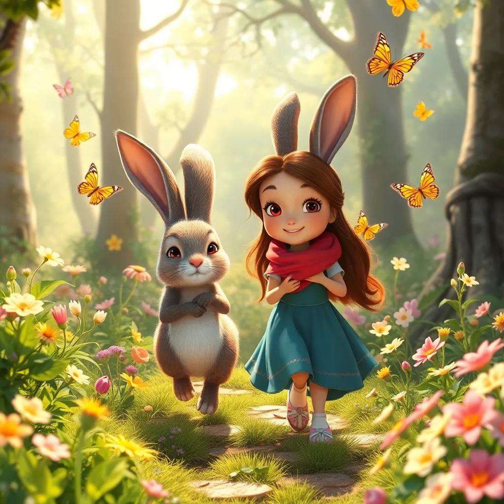 Bella and the rabbit traveling together in the enchanted forest, with flowers blooming and butterflies dancing around them, delightful atmosphere, warm sunlight, vibrant colors, high quality