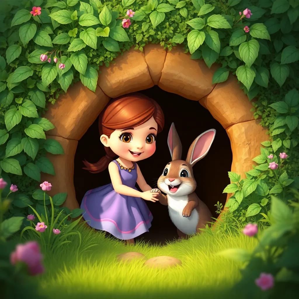 Bella and the rabbit arriving at a cozy burrow hidden under a bush, with the rabbit squealing in joy, surrounded by lush greenery, charming, magical, heartwarming scene, high quality