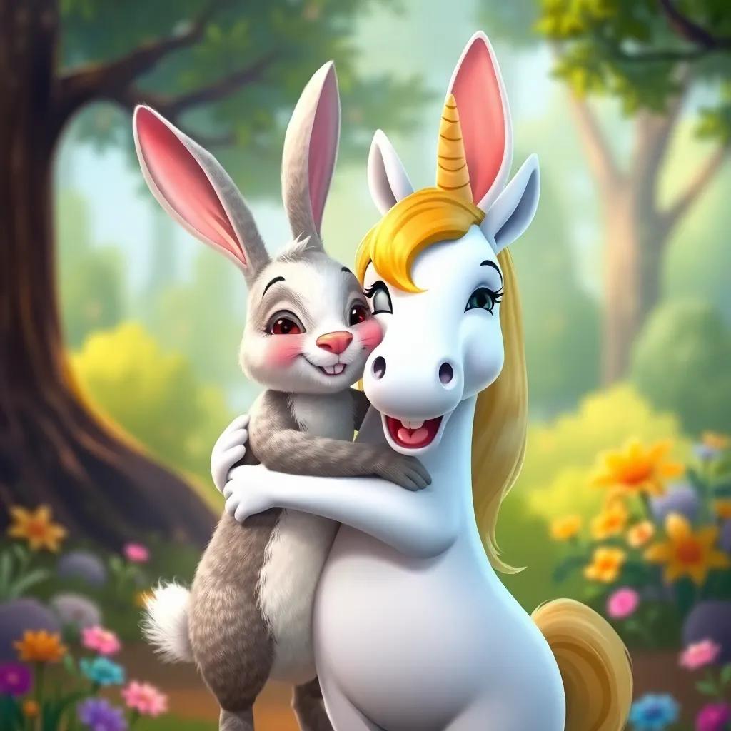 The rabbit hugging Bella the unicorn in a moment of friendship, with the enchanted forest in the background, joyful expressions, colorful imagery, child-friendly, high quality