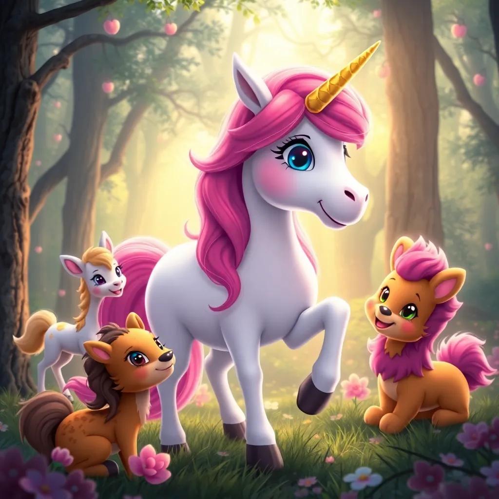 Bella the unicorn, shining bright in the enchanted forest, surrounded by her forest friends, joyfully playing together, a sense of friendship and love, warm colors, high quality