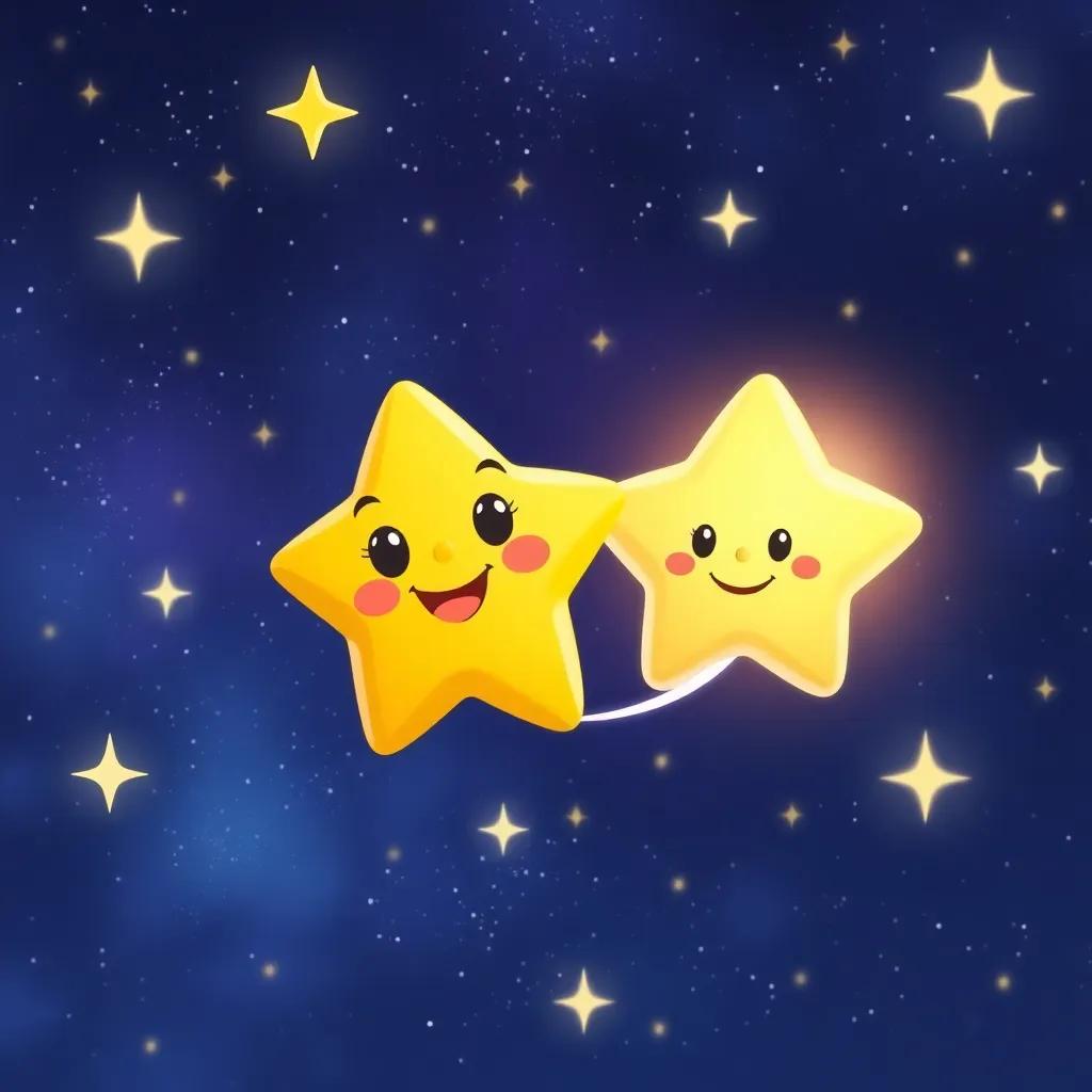 Twinkle the tiny star, with a sparkling smile, flying alongside a bright, friendly comet named Dash, surrounded by twinkling stars and a beautiful cosmic backdrop, illustration, vibrant colors, joyful mood, high quality