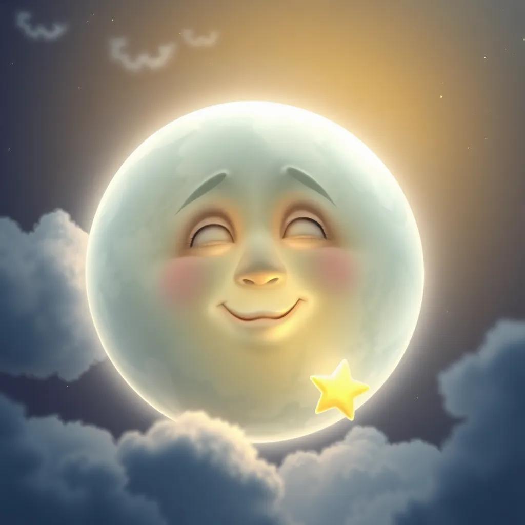 A wise old Moon, glowing gently, with a face that shows kindness, speaking to Twinkle the tiny star floating nearby, surrounded by stars, and soft clouds, digital painting, serene light, ethereal atmosphere, high quality