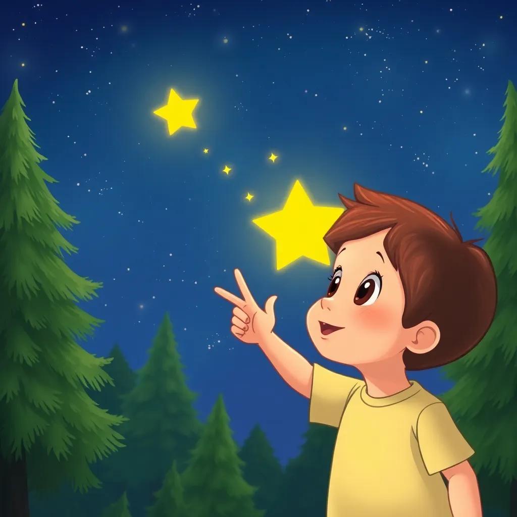 Twinkle the tiny star visiting the Earth, where a child points up, amazed at her glow, with green trees in the background, a starry night sky, illustration, heartwarming scene, bright colors, high quality