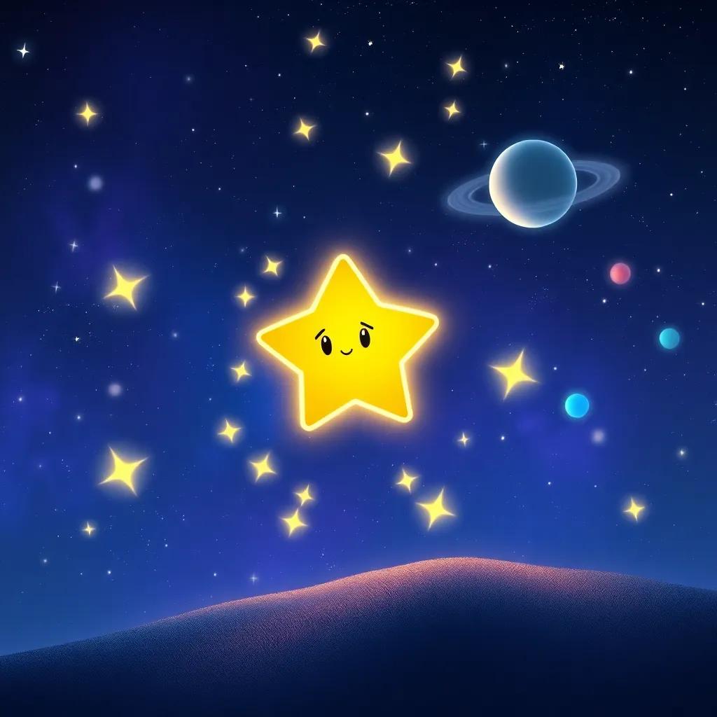 Twinkle the tiny star dancing in the night sky, creating beautiful light patterns, with new friends like shooting stars and planets surrounding her, vibrant cosmic colors, lively atmosphere, high quality
