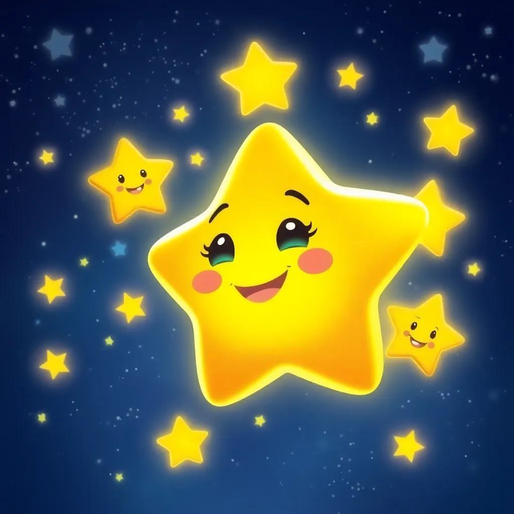 Twinkle the tiny star, shining brightly with a big smile, surrounded by cheerful celestial friends, making the night sky sparkle with glowing light, colorful digital art, uplifting, bright atmosphere, high quality