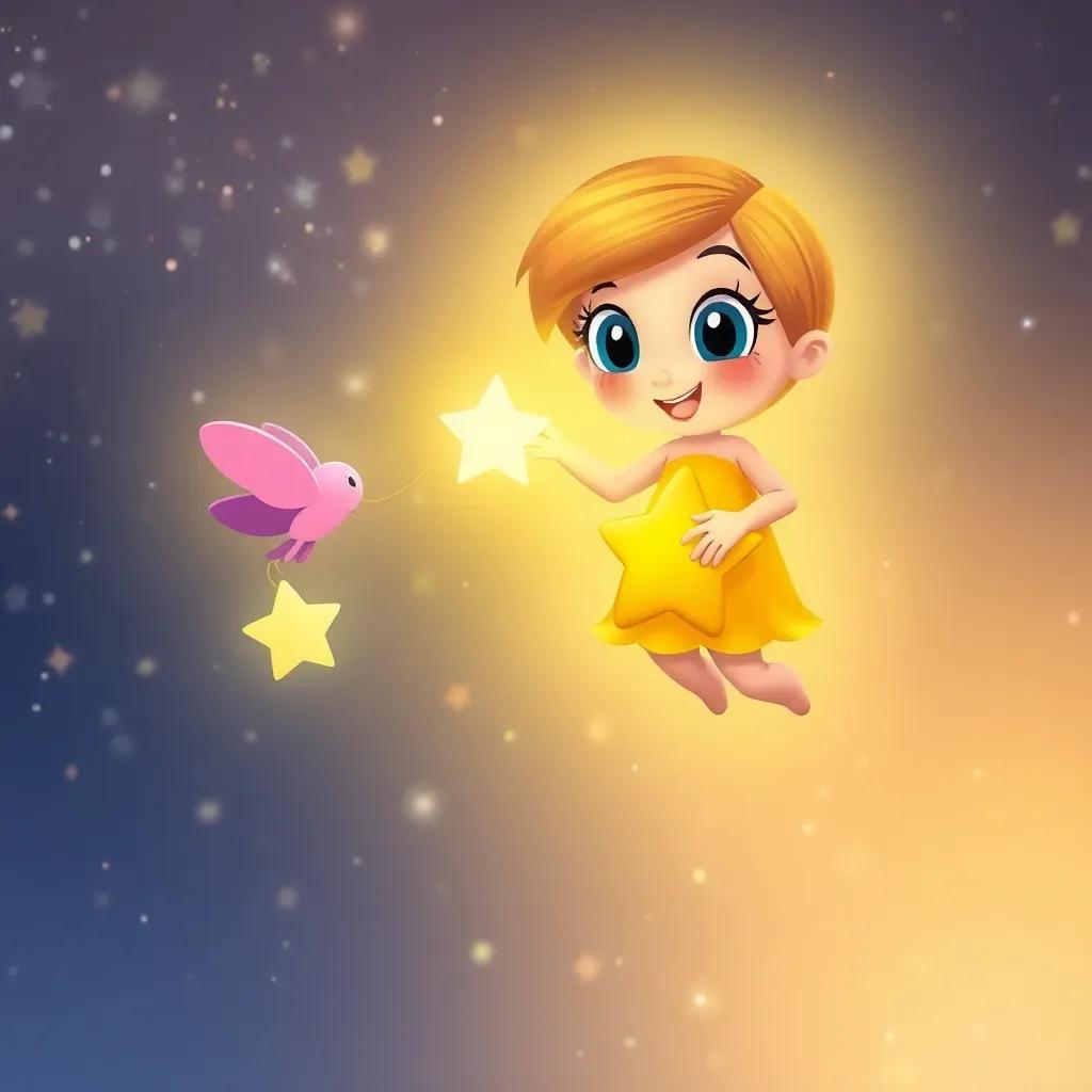 Twinkle, sharing her light with a little star struggling to glow, floating above a dreamy starry background, showing support and encouragement, bright and friendly colors, heartwarming scene, high quality