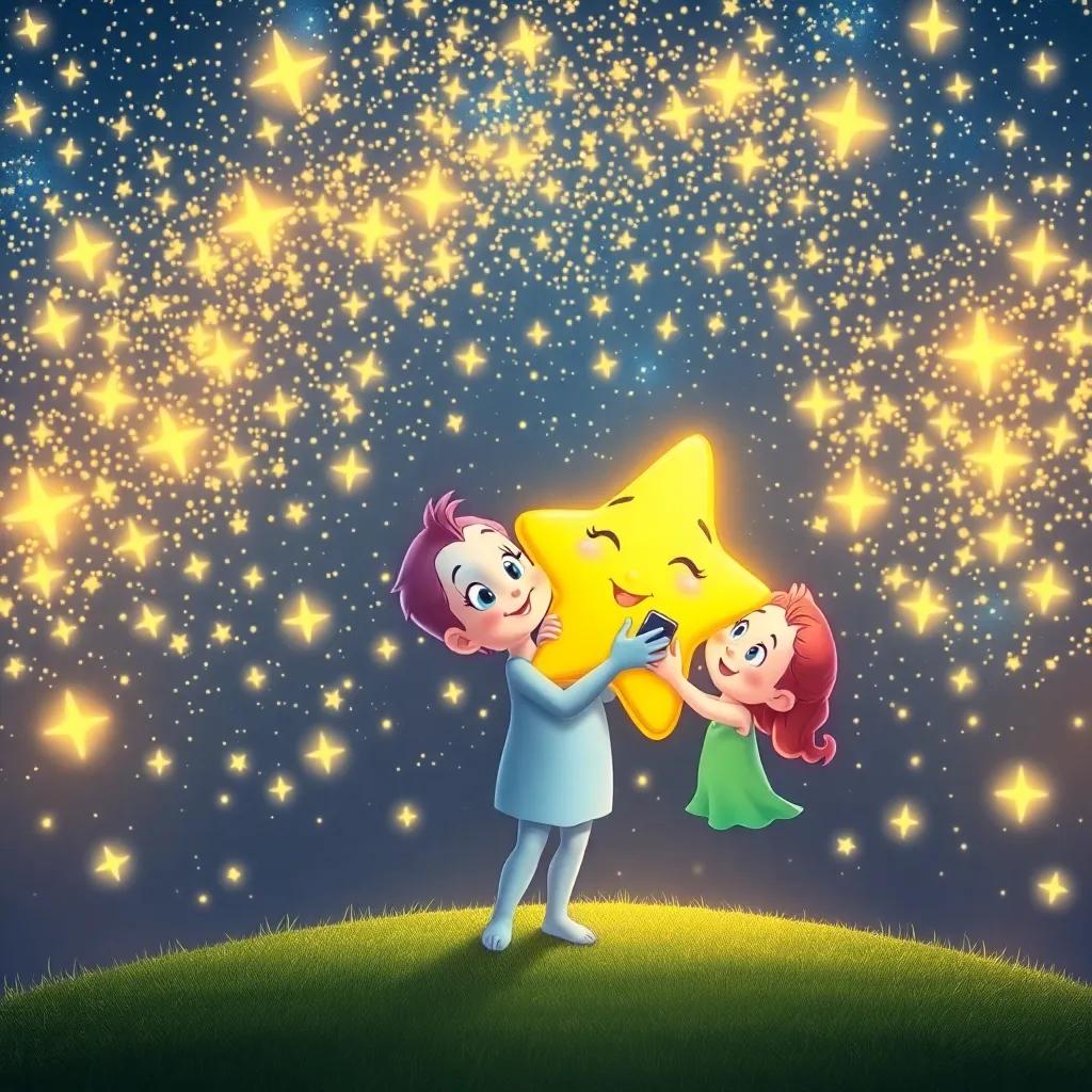 Twinkle the star embracing her friends, with the night sky now filled with countless twinkling stars, creating a beautiful tapestry of light and magic, stunning cosmic colors, joyful celebration, high quality