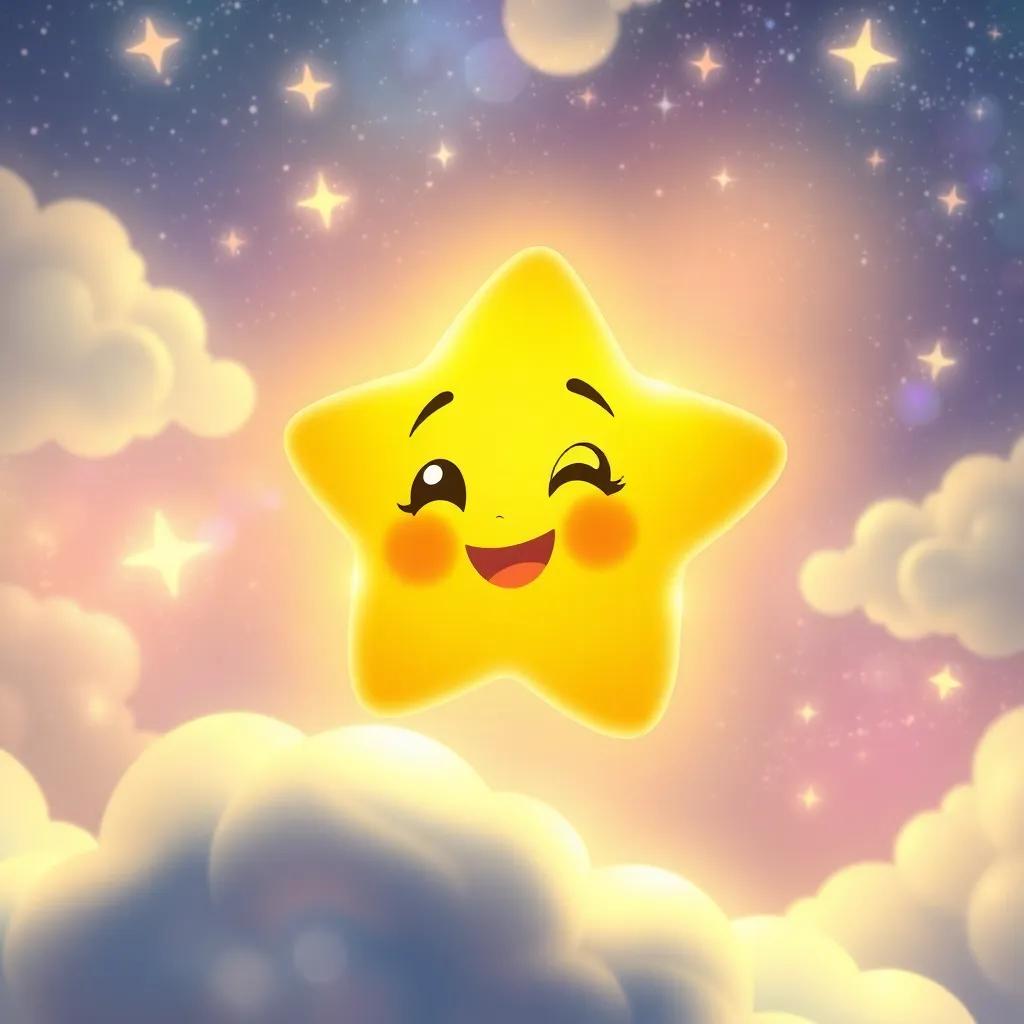 Twinkle, the happy star, feeling fulfilled in her adventure, watching a glowing universe filled with sparkling friends and soft clouds, celebrating her unique light, vibrant artwork, peaceful mood, high quality