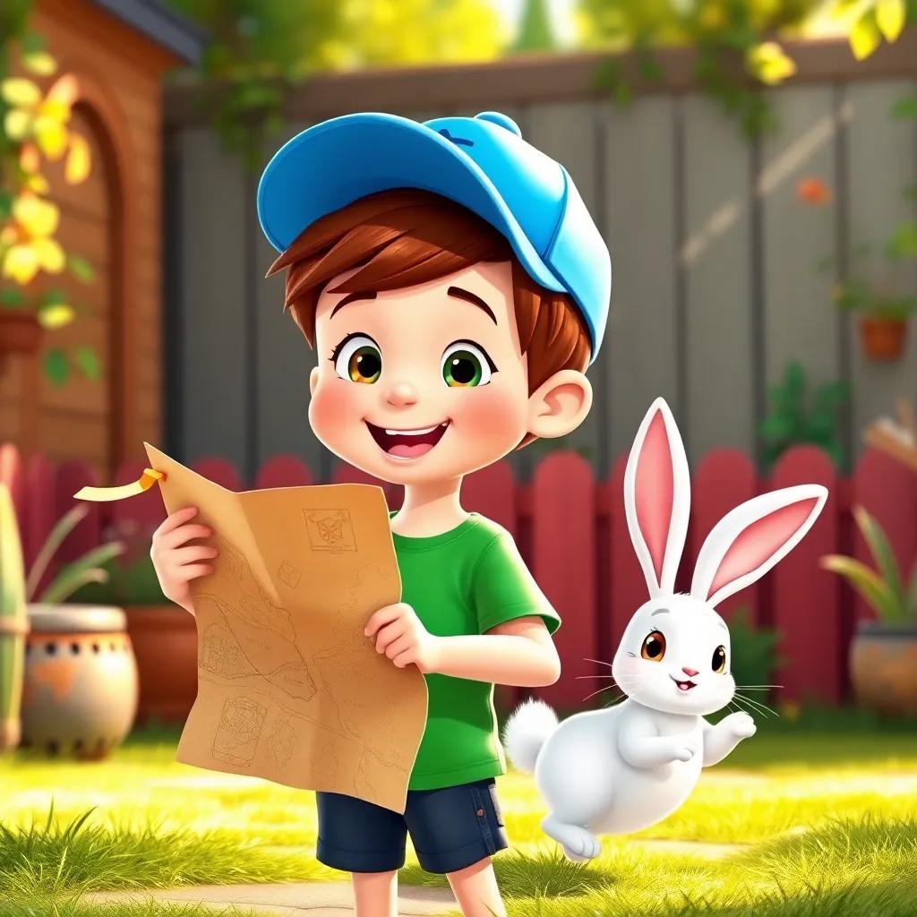 Timmy, a young boy with short brown hair, wearing a bright blue cap and a green t-shirt, holding a tattered map excitedly, with Bella, a fluffy white bunny with big ears hopping beside him, in a colorful backyard, illustration, adventure-themed, warm light, bright colors, friendly vibe