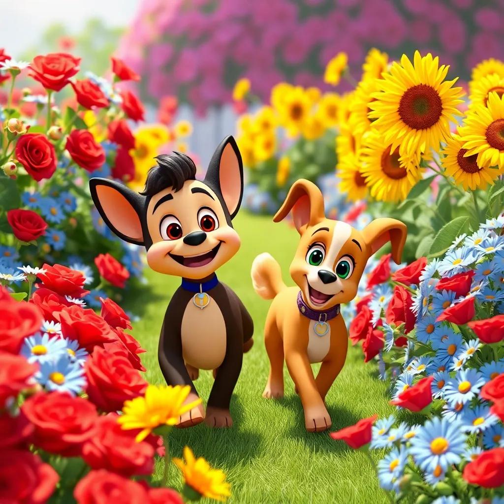 Timmy and Bella happily walking through a vibrant flower garden, surrounded by red roses, blue daisies, and yellow sunflowers, Timmy with a joyful smile and Bella sniffing flowers, a sunny day atmosphere, cheerful and colorful, high quality