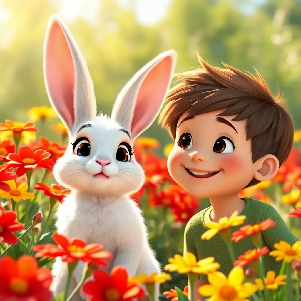 Bella, a fluffy white bunny with big ears, looking amazed among red and yellow flowers, Timmy, a young boy with short brown hair and a green t-shirt, smiling next to her as they admire the garden, bright sunlight, joyful scene, warm colors, high quality