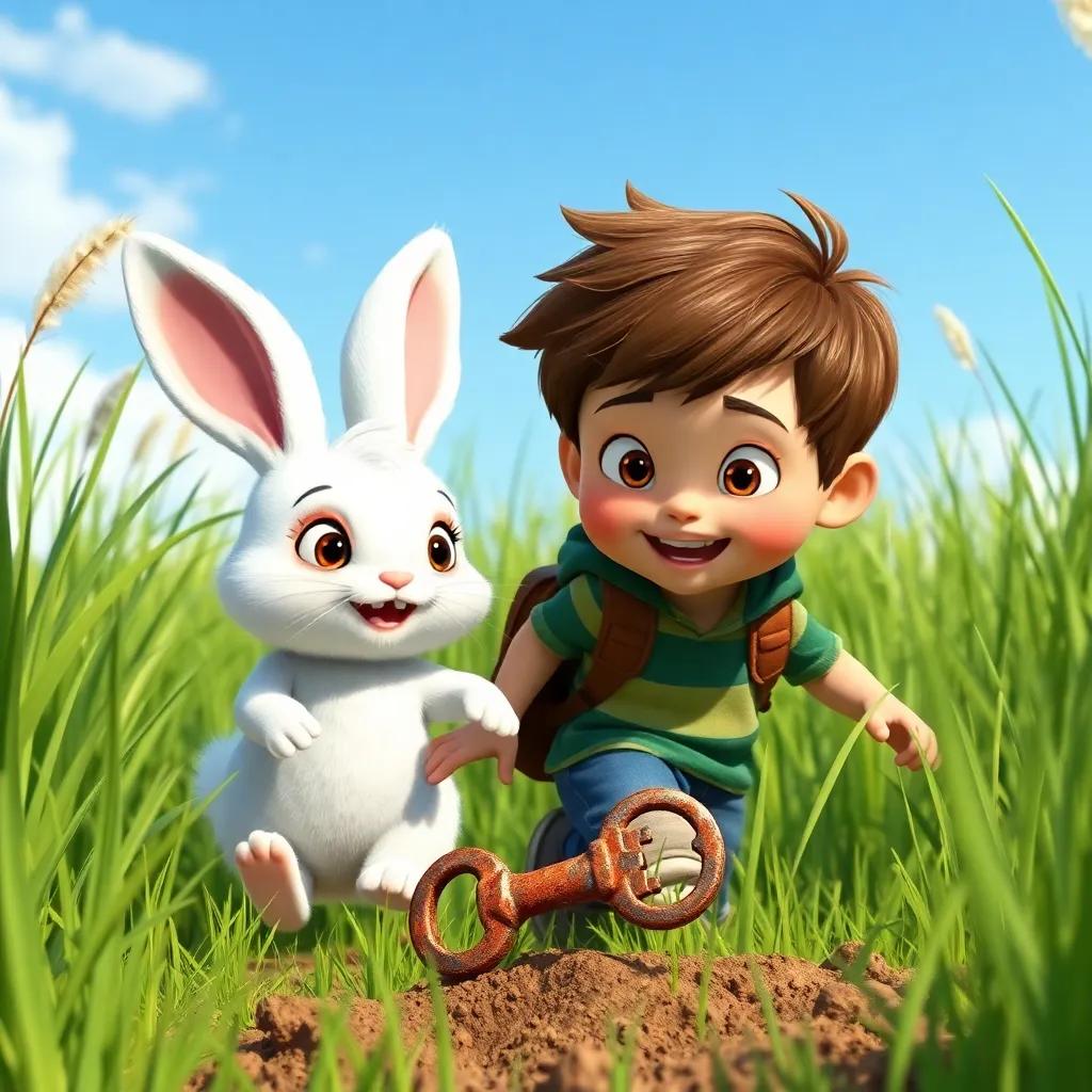 Timmy, a young boy with short brown hair, and Bella, a fluffy white bunny, walking through tall grass, discovering a shiny rusty key half-buried in the ground, excitement on their faces, adventure atmosphere, sunny day, lively colors, playful image, high quality