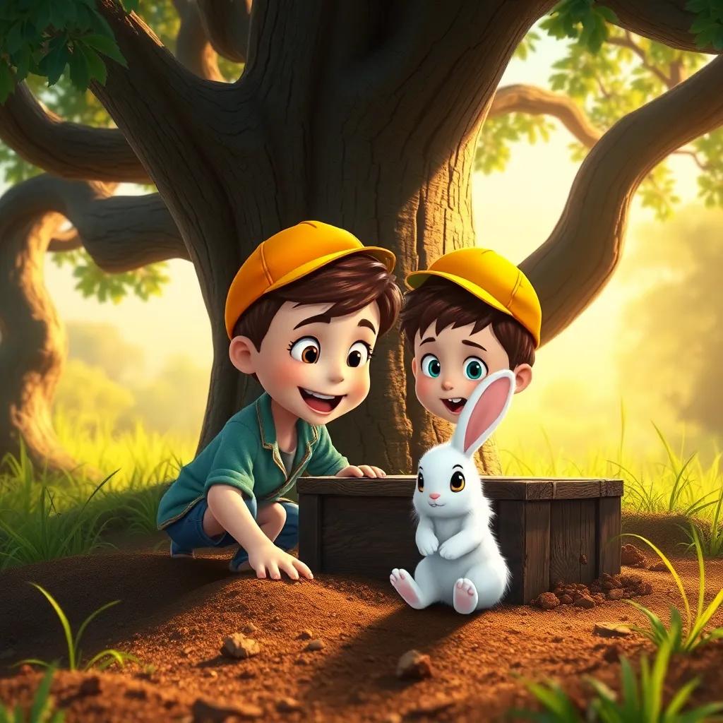 Timmy, a young boy with short brown hair and bright blue cap, and Bella, a fluffy white bunny, digging under a big oak tree, looking excited as they find an old wooden box, warm and golden sunlight, nostalgic atmosphere, high quality