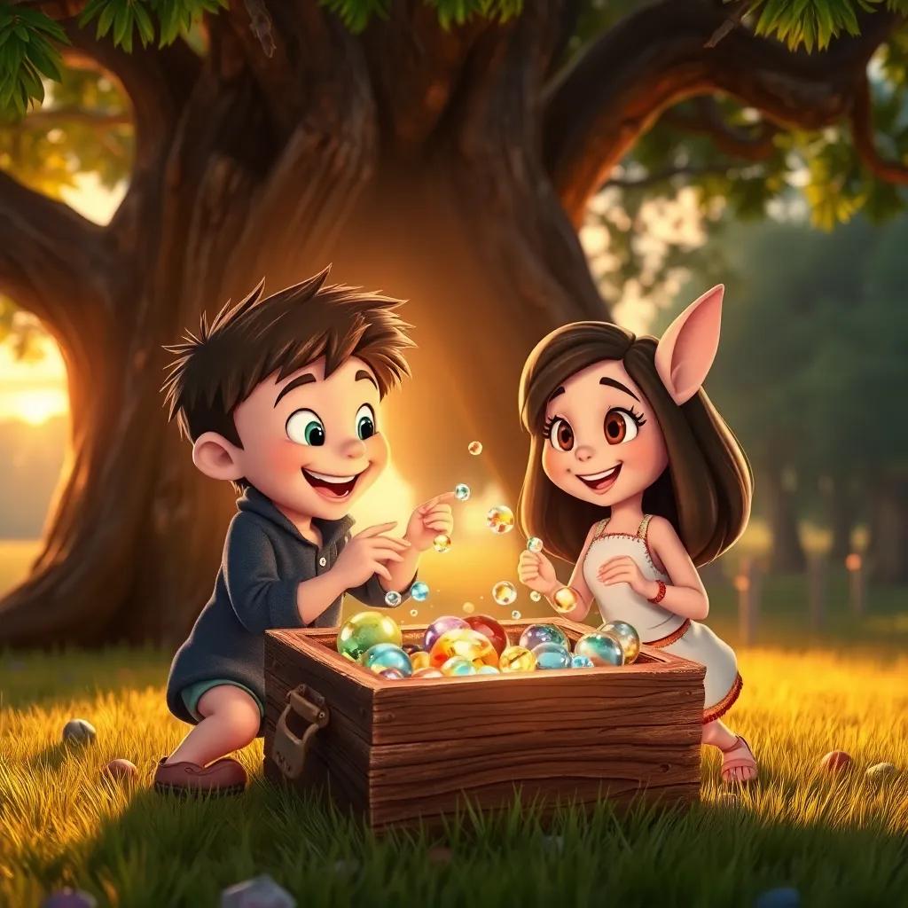 Timmy and Bella opening an old wooden box under the oak tree, their faces full of joy as they discover sparkling marbles and colorful stones inside, warm sunset glow, triumphant atmosphere, vibrant colors, high quality