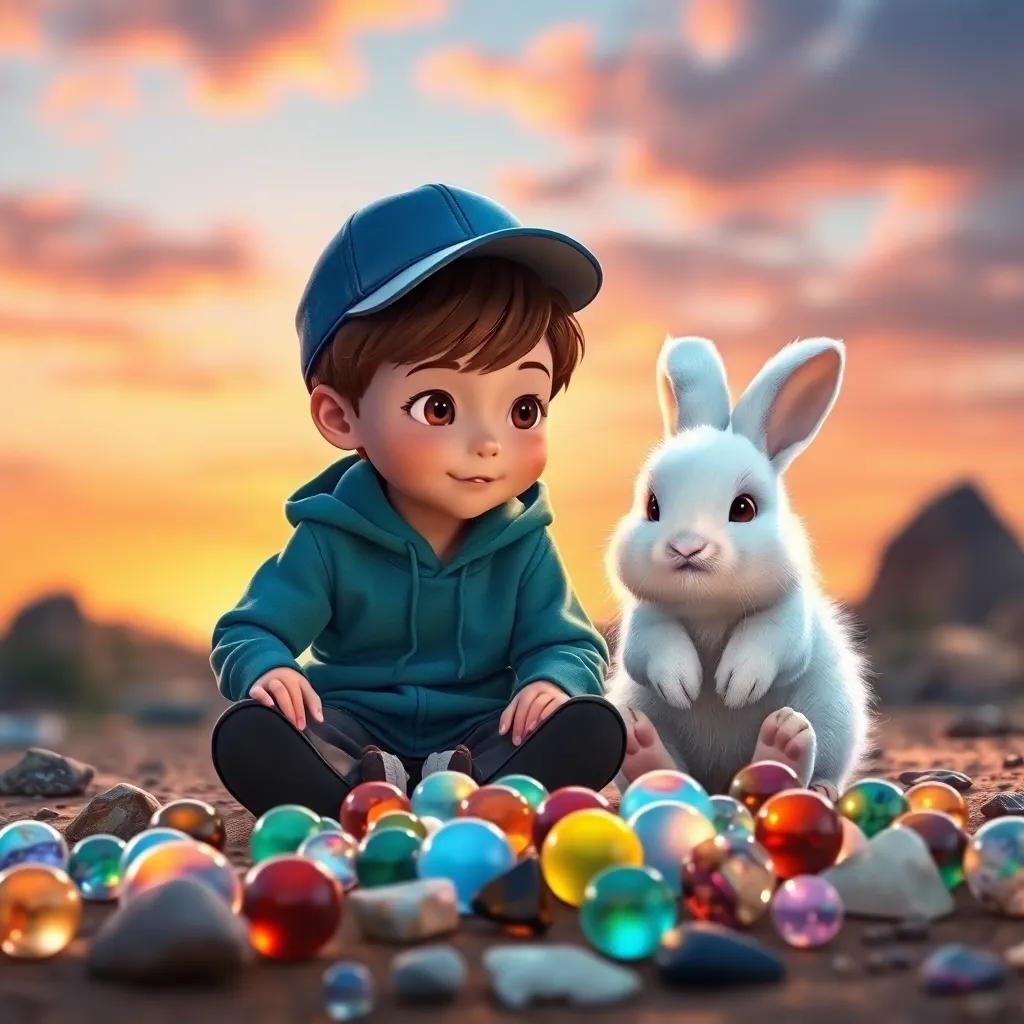 Timmy, a young boy with short brown hair and blue cap, sitting with Bella, a fluffy white bunny, as they admire their treasure under the sunset sky, colorful shimmering marbles and stones laid out in front of them, heartfelt moment, warm tones, inviting atmosphere, high quality
