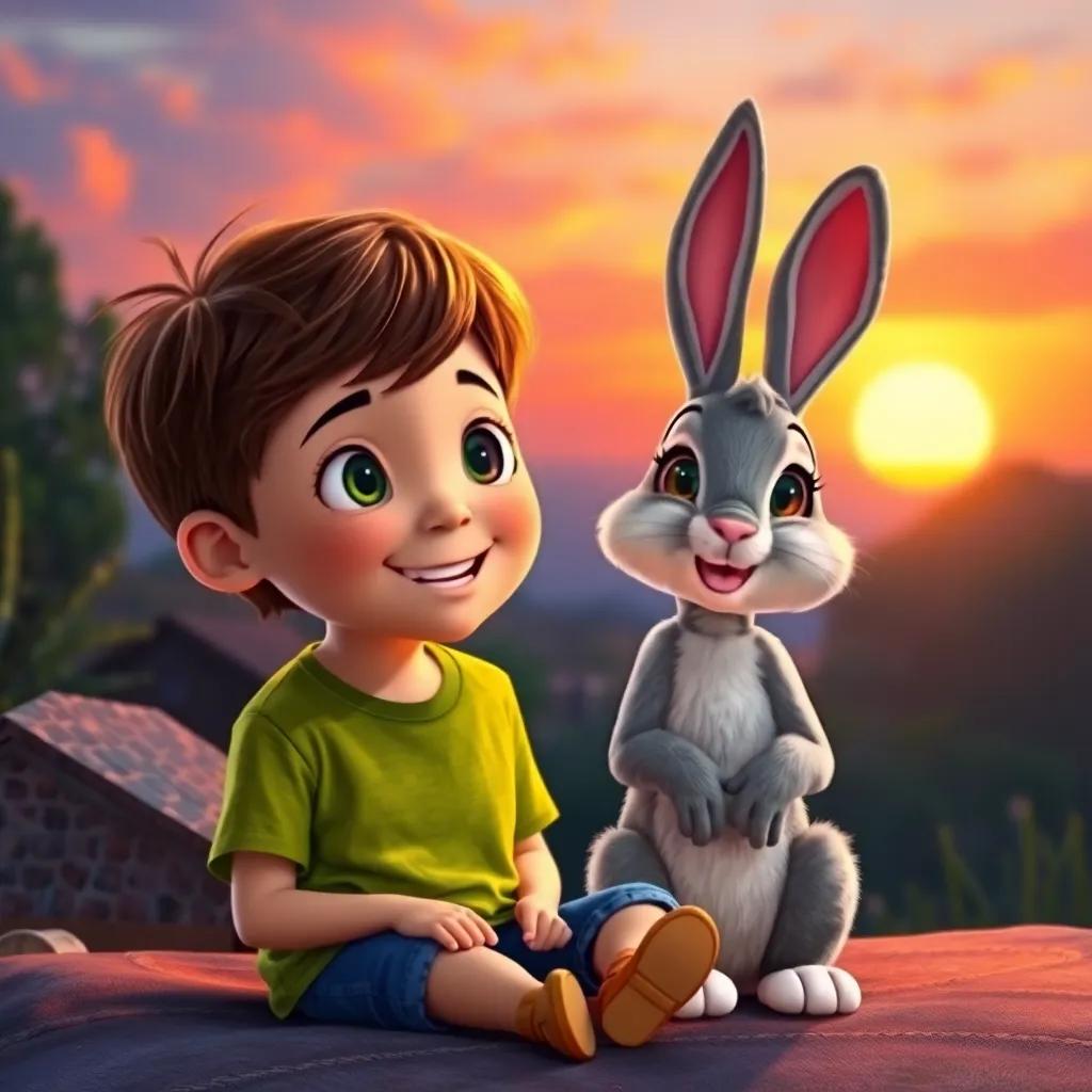 Timmy, a young boy with short brown hair wearing a green t-shirt, sitting beside Bella the bunny, her fluffy ears flopping, watching a beautiful sunset painted with colors, happiness in their eyes, magical atmosphere, serene perspective, high quality
