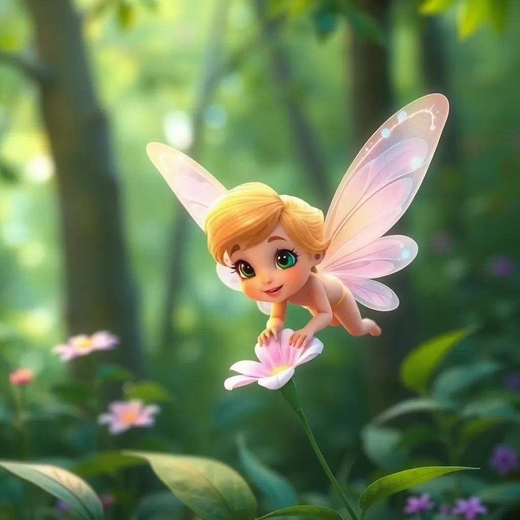 A tiny fairy named Bella, with bright wings and a radiant smile, hovering over a flower in a lush green forest, digital art, vibrant colors, enchanting atmosphere, high quality