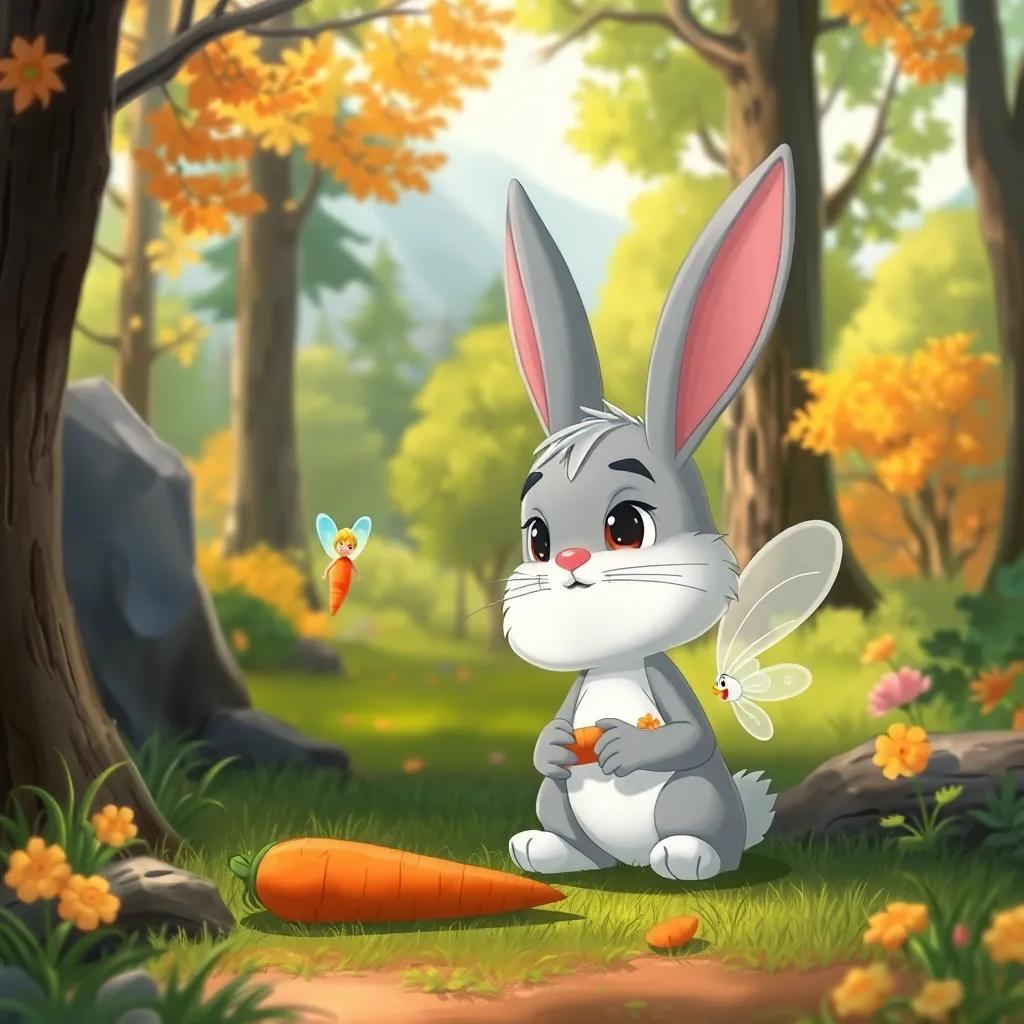 Benny the bunny looking gloomy in a picturesque forest, Bella the fairy hovering beside him, searching for his lost carrot, colorful, cheerful scene, illustration, kindhearted mood