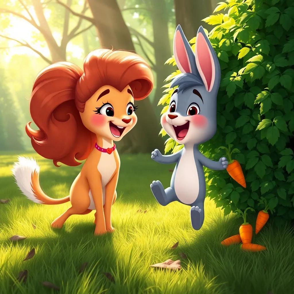 Bella and Benny joyfully discovering the carrot under a bush, Benny hopping with excitement, sunlight filtering through the trees, playful vibe, digital art, high quality