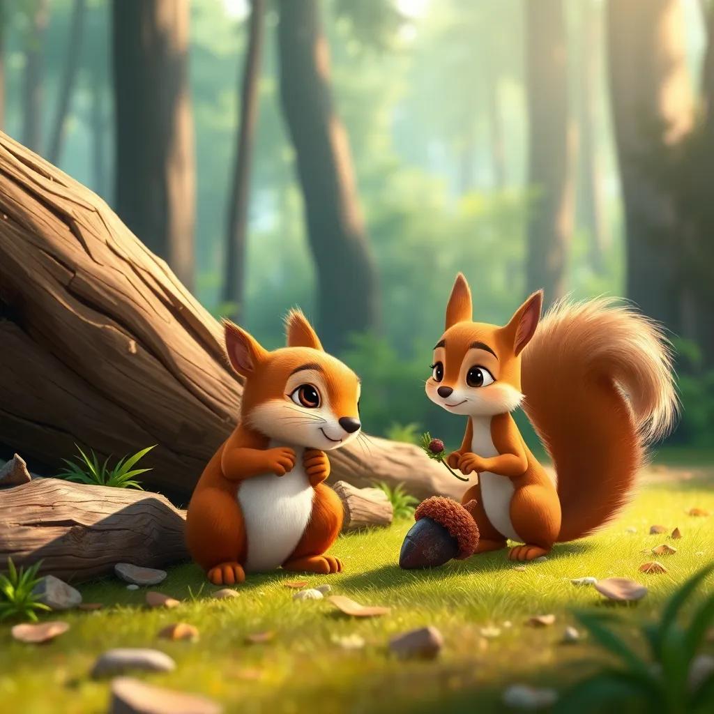 Sammy the squirrel looking sad beside a fallen log, Bella helping him find his acorn, bright forest background, vivid colors, uplifting atmosphere, child-friendly