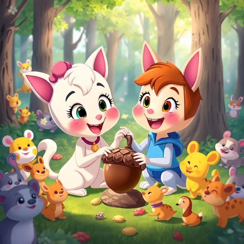 Bella and Sammy celebrating after finding the acorn, their surroundings filled with cheerful forest animals, brightly colored scene, illustration, heartwarming mood