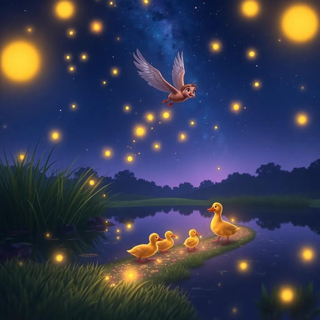Bella flying over the pond, gathering fireflies to light the path for Ellie the duck and her ducklings, breathtaking night scene, magical, warm glow, digital painting, enchanting