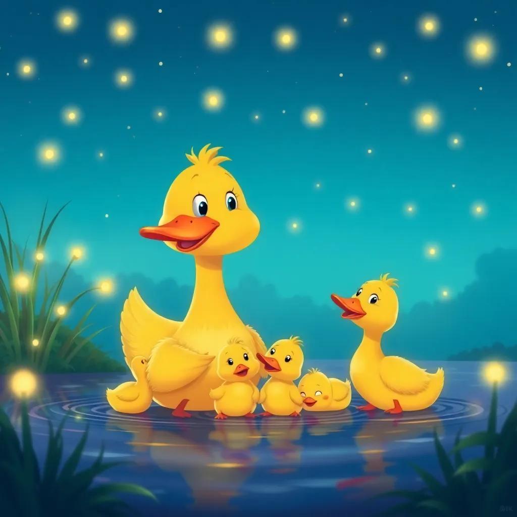 Ellie the duck with her ducklings, looking happy and grateful under the twinkling glow of fireflies, serene pond setting, colorful, heartwarming illustration, child-friendly
