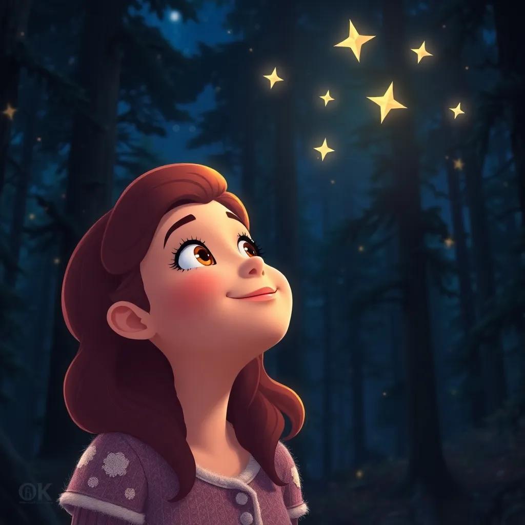 Bella looking up at twinkling stars after helping her friends, a warm smile on her face, the forest peaceful and cozy at night, digital art, cozy colors, uplifting vibe, high-quality