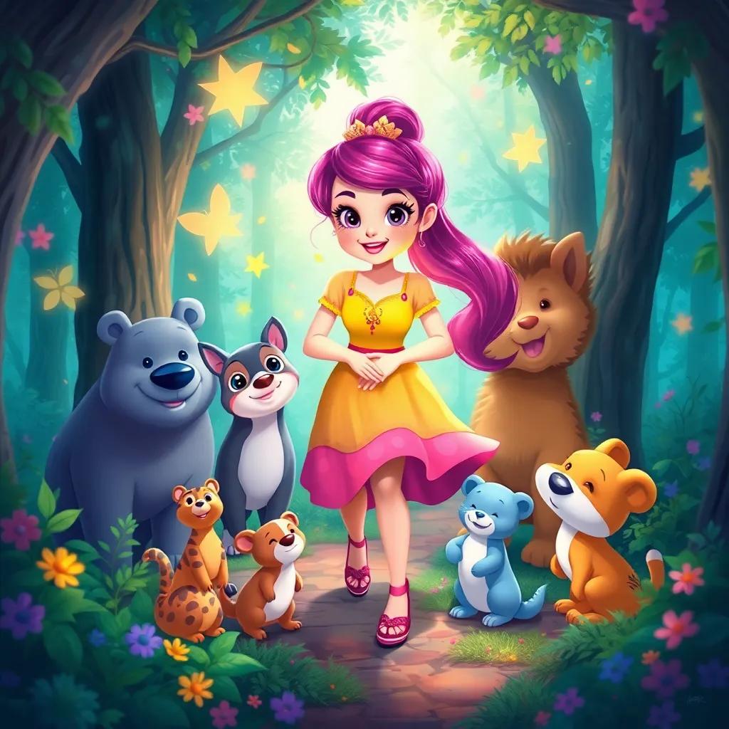 Bella's enchanting journey of spreading joy in the forest, surrounded by all her animal friends, colorful, vibrant, heartwarming, digital painting, celebration of kindness, high quality
