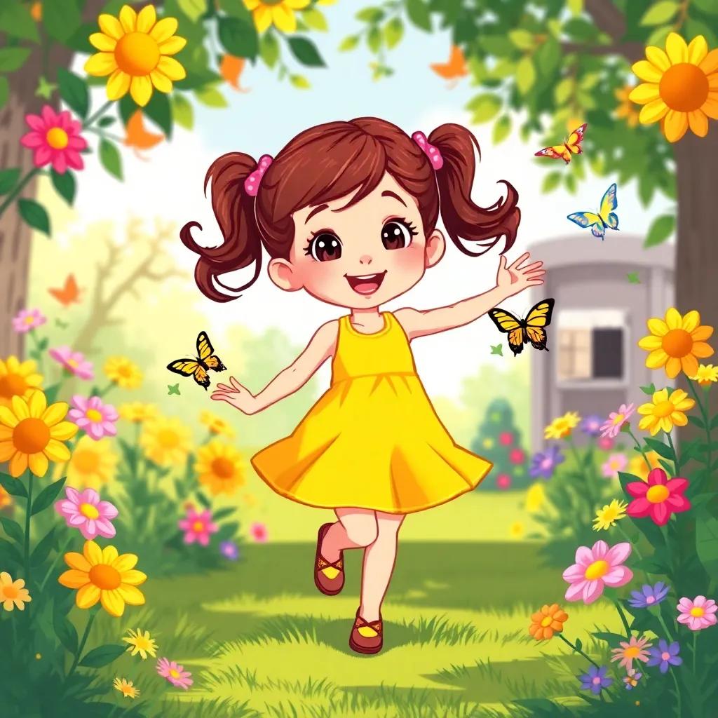 A lively nine-year-old girl, Milly, with brown hair in pigtails, wearing a bright yellow dress, skipping in a sunny garden with flowers and butterflies around her, digital art, cheerful and colorful, inviting atmosphere, high quality