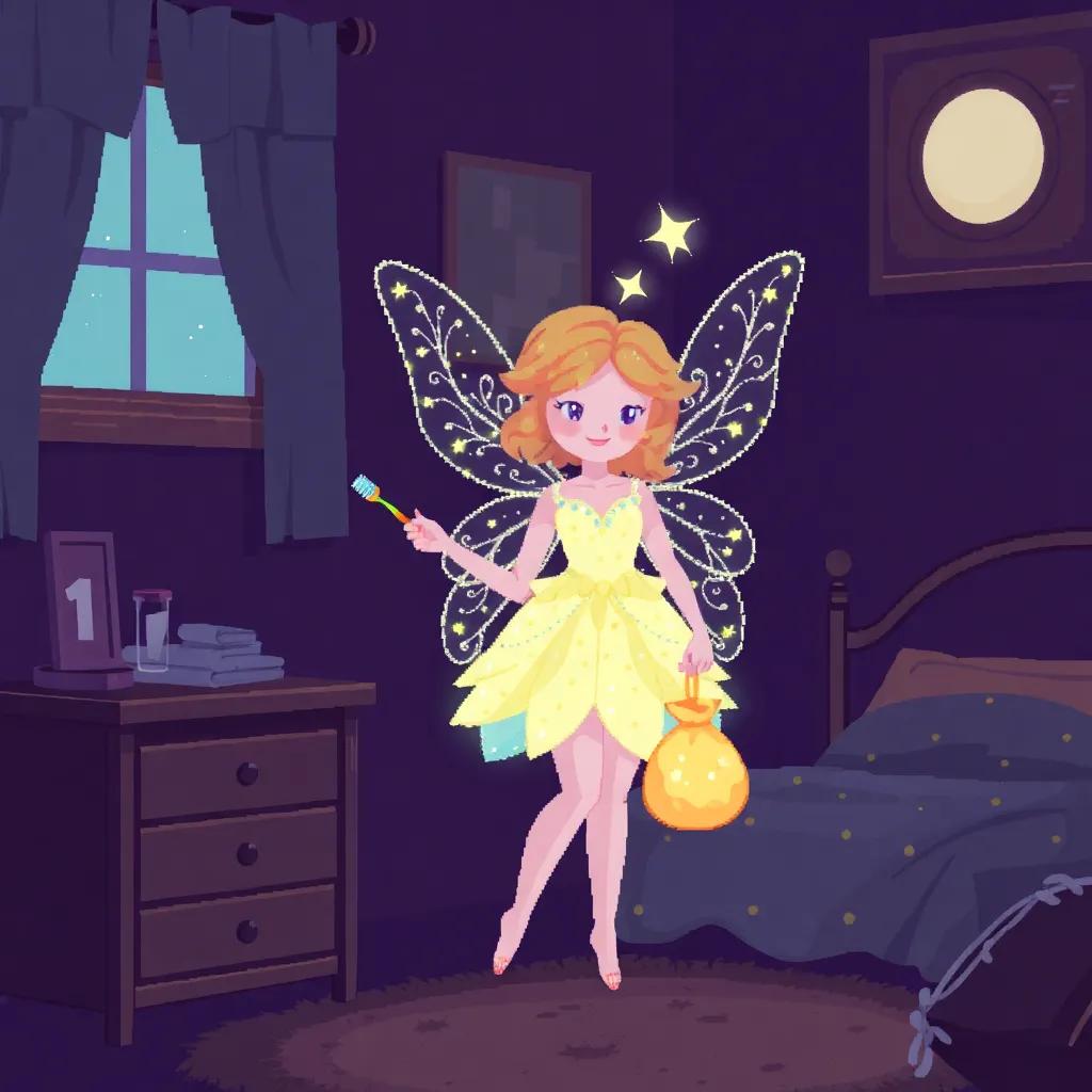The Tooth Fairy, a magical figure with sparkling wings and a bright dress, glowing softly in Milly's dark bedroom, standing beside Milly's bed, gently holding a toothbrush and a bag of surprises, illustration, dreamy and enchanting, whimsical mood, high quality