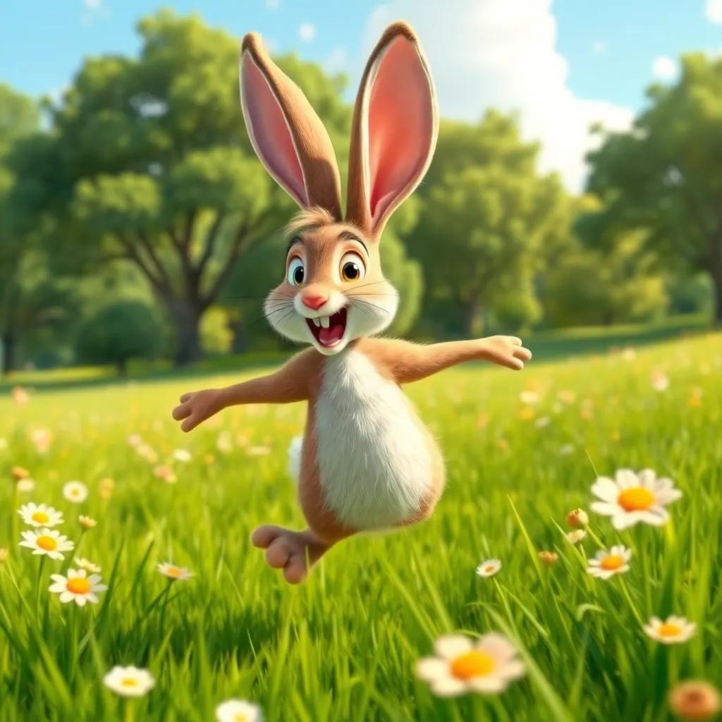 A fast hare with fluffy fur and big ears, bragging and jumping in a sunny green meadow, surrounded by trees and flowers, cheerful atmosphere, colorful, digital art