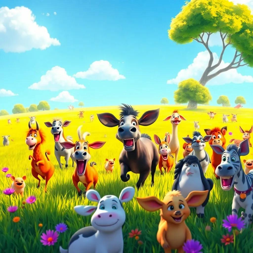 A bright sunny day with the animals gathered for the race, eager and excited, in a colorful meadow with lush grass and trees, vibrant, lively atmosphere, digital painting