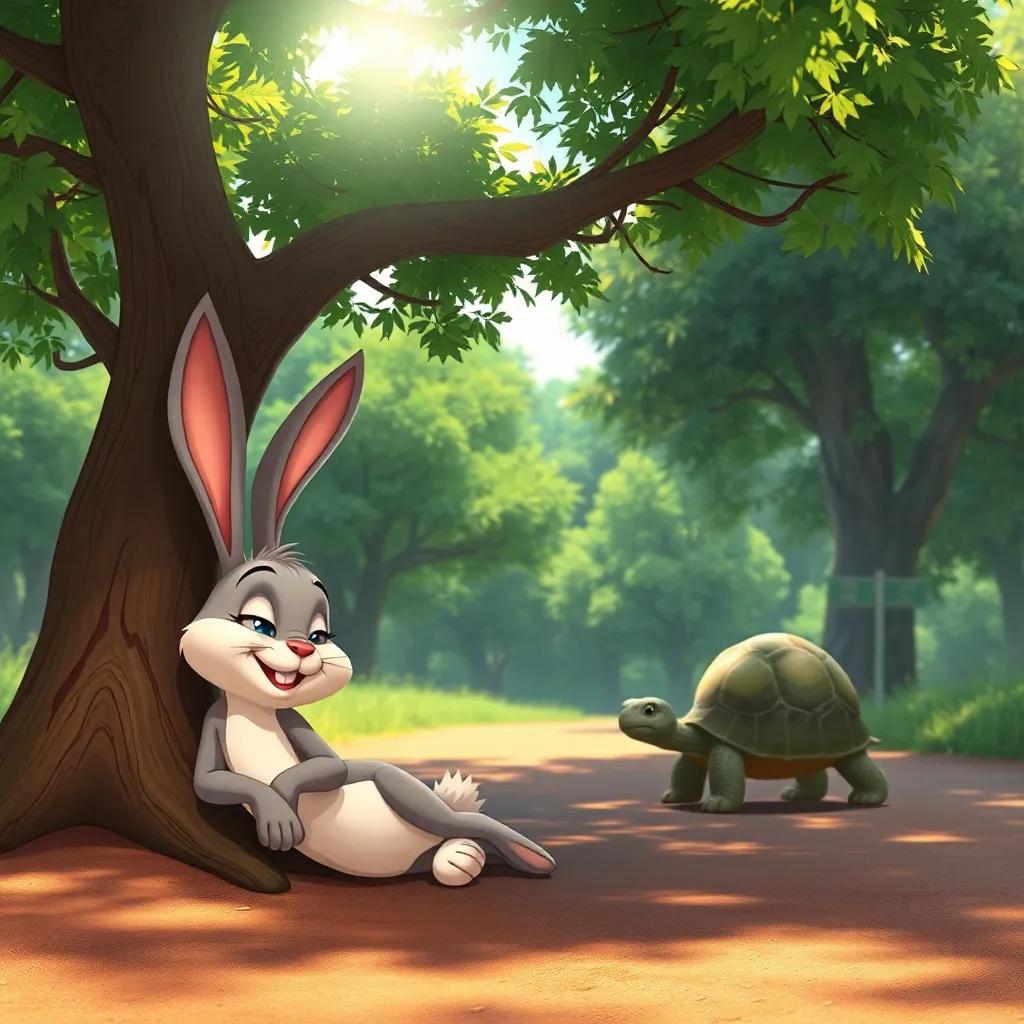 The hare sleeping under a shady tree with a silly smile, the sun shining bright, while the slow tortoise walks steadily towards the finish line in the background, peaceful and heartwarming, realistic art