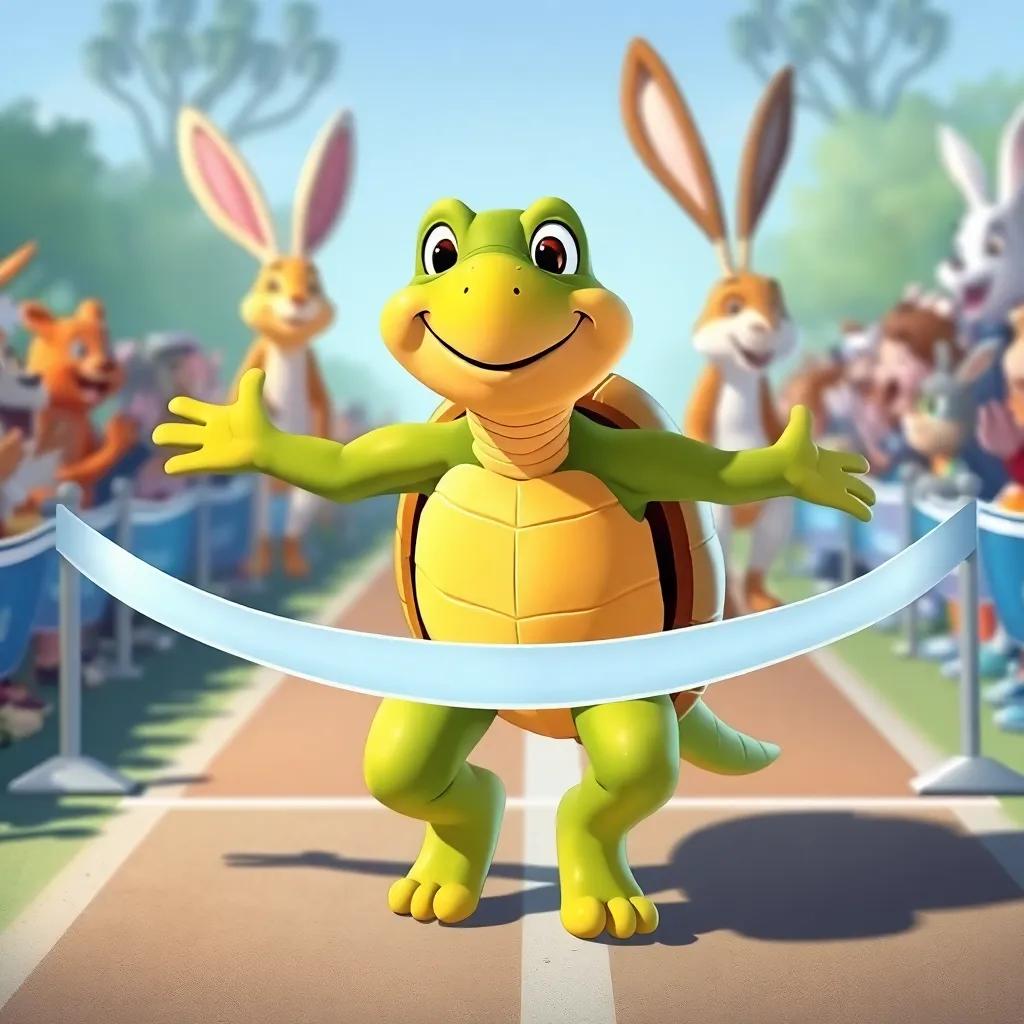 The tortoise crossing the finish line with a happy smile, animals cheering around him, the hare in the background looking surprised, bright and joyful colors, uplifting digital illustration
