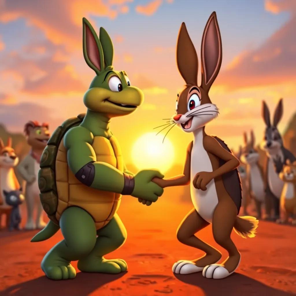The tortoise and hare shaking hands after the race, surrounded by other animals, a sunset in the background, showing friendship and teamwork, warm light, heartwarming scene