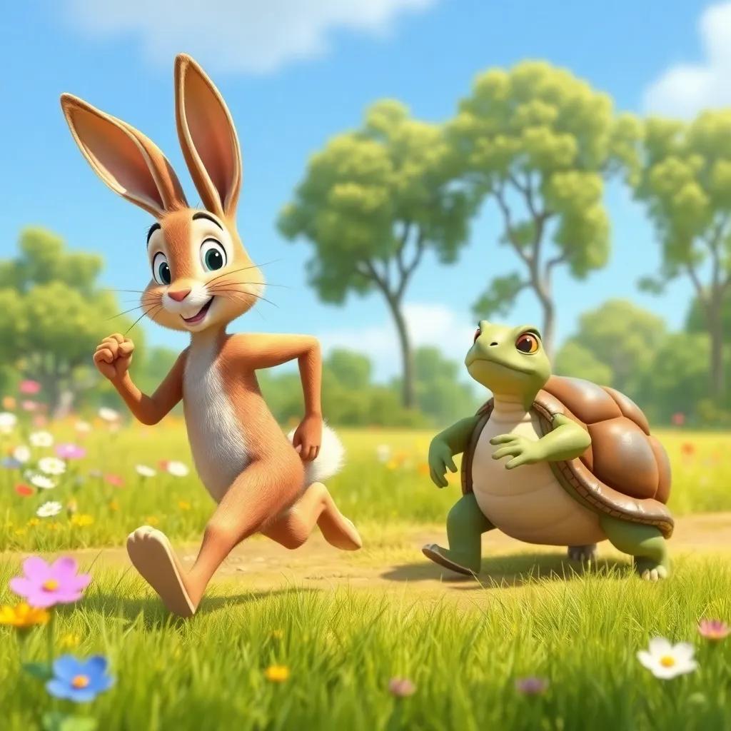 The hare training in the meadow, practicing running with a focused expression, the tortoise jogging beside him encouragingly, with bright flowers and trees all around, motivational atmosphere