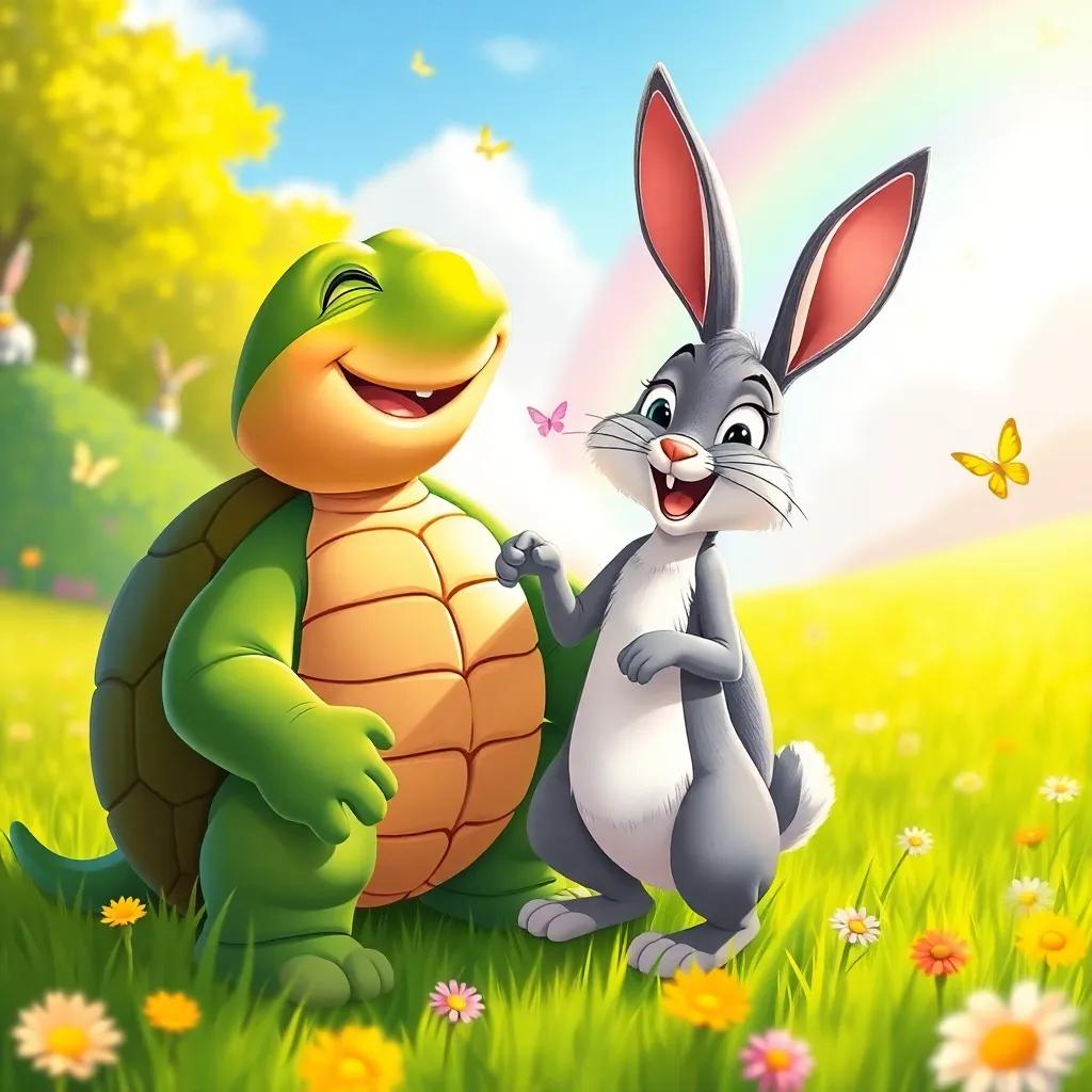 The tortoise and hare celebrating together, smiling and laughing with friends in a sunny meadow, rainbows and butterflies in the background, cheerful and happy scene, colorful illustration