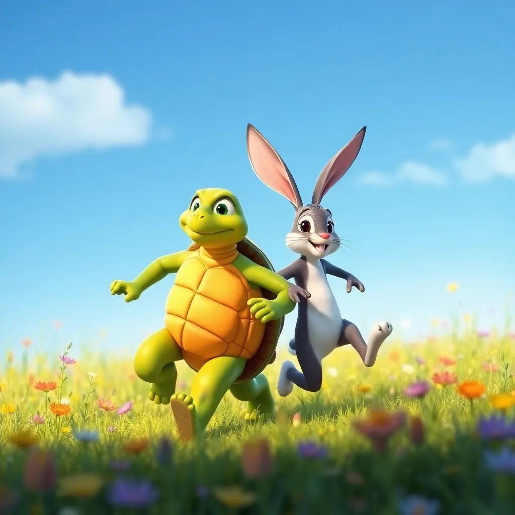 The tortoise and hare now best friends, helping each other train, showcasing their teamwork, running side by side in a colorful meadow, encouraging atmosphere, joyful digital art