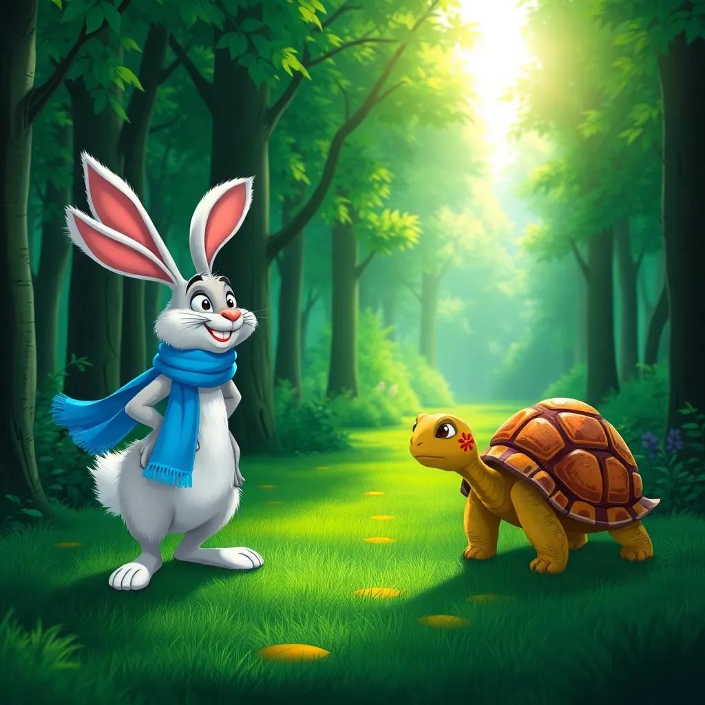 A cheerful green forest with sunlight shining through the trees, Harry the hare with fluffy white fur, long ears, and wearing a blue scarf, smiling and boasting, looking at Terry the tortoise, who has a brown shell and is slowly walking beside him, illustration, colorful, vibrant, friendly atmosphere