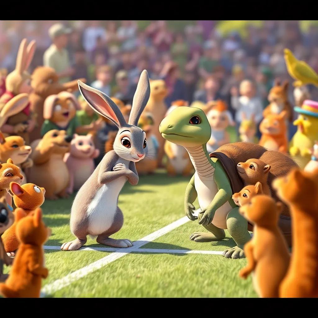 Animals gathering around to watch the race, excited chattering in the background, Harry the hare stretching at the starting line, while Terry the tortoise stands beside, looking calm and wise, cheerful animal spectators like squirrels and birds, bright colors, lively scene