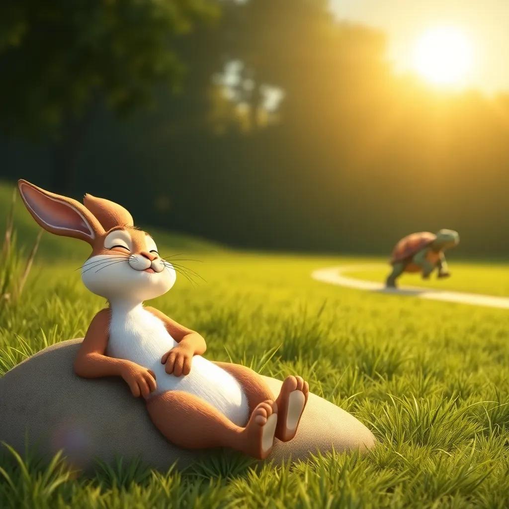 Harry the hare lounging on a soft patch of grass, eyes closed, with the sun shining above, showing a carefree attitude, while Terry the tortoise is moving slowly in the background towards the finish line, peaceful setting, warm atmosphere, charming detail