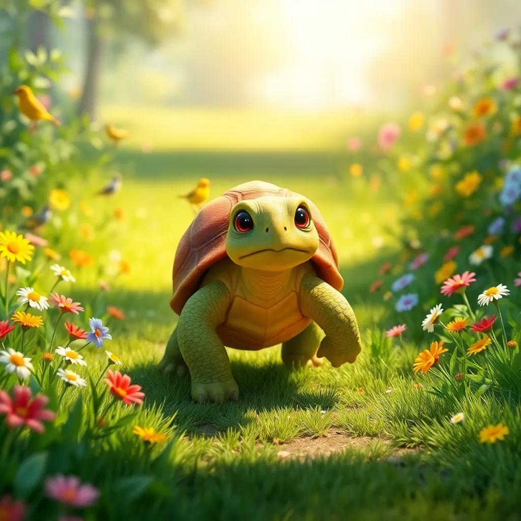 Terry the tortoise moving steadily through a beautiful green meadow, surrounded by colorful flowers and chirping birds, looking determined and focused as he walks, sunshine brightening the path, serene and joyful vibe, inviting scenery