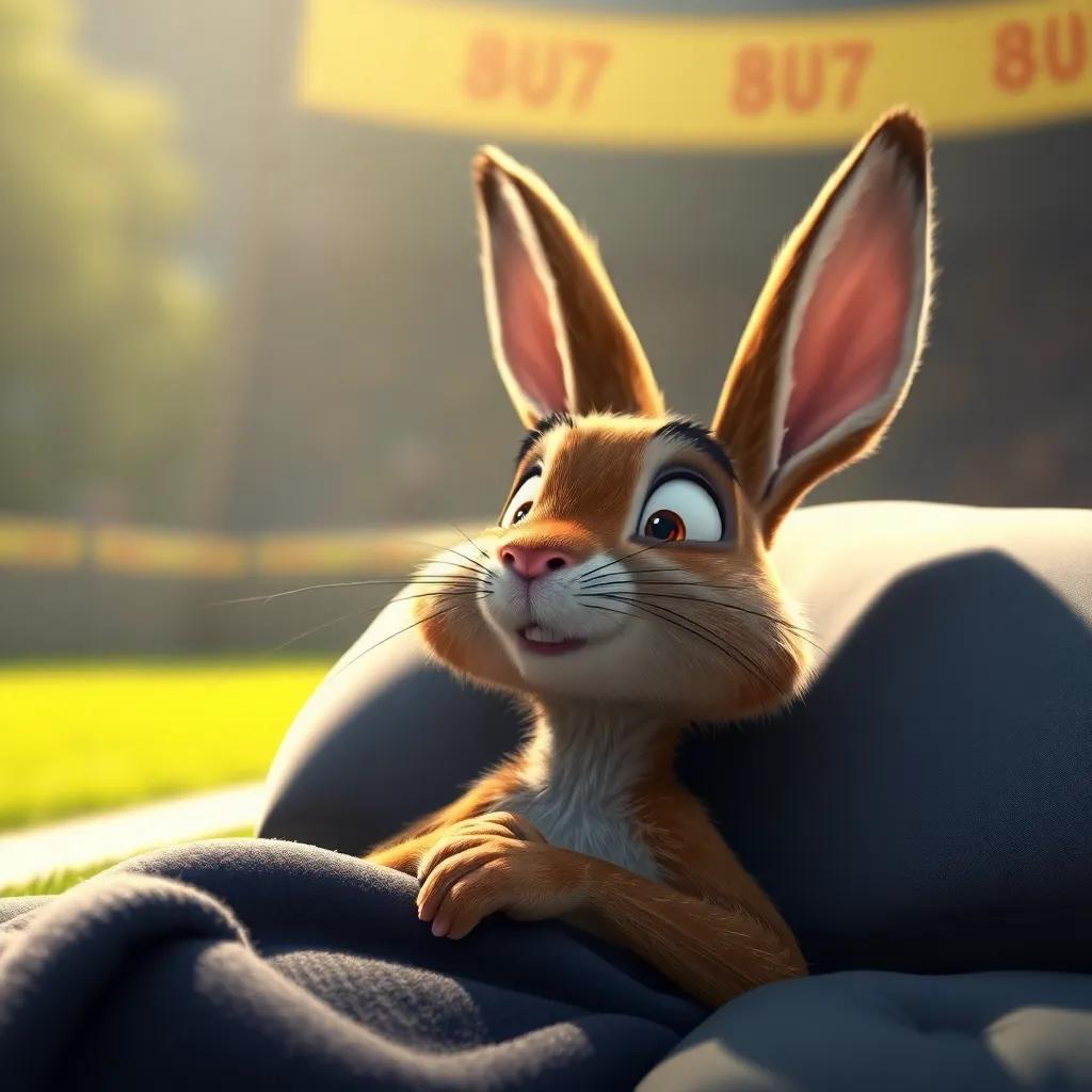 Harry the hare waking up from his nap in a hurry, surprised expression on his face, looking out to see Terry getting closer to the finish line, with shock and rush on his furry face, dynamic scene, impactful lighting, engaging composition