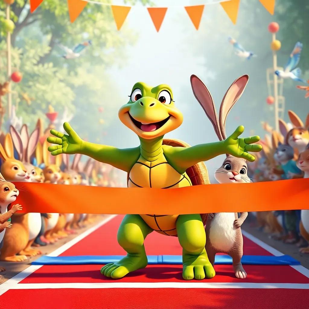 Terry the tortoise crossing the finish line with a big smile, surrounded by cheering animals like rabbits, birds, and squirrels, looking proud and happy, Harry the hare standing shocked beside him, vibrant celebration scene, heartwarming atmosphere