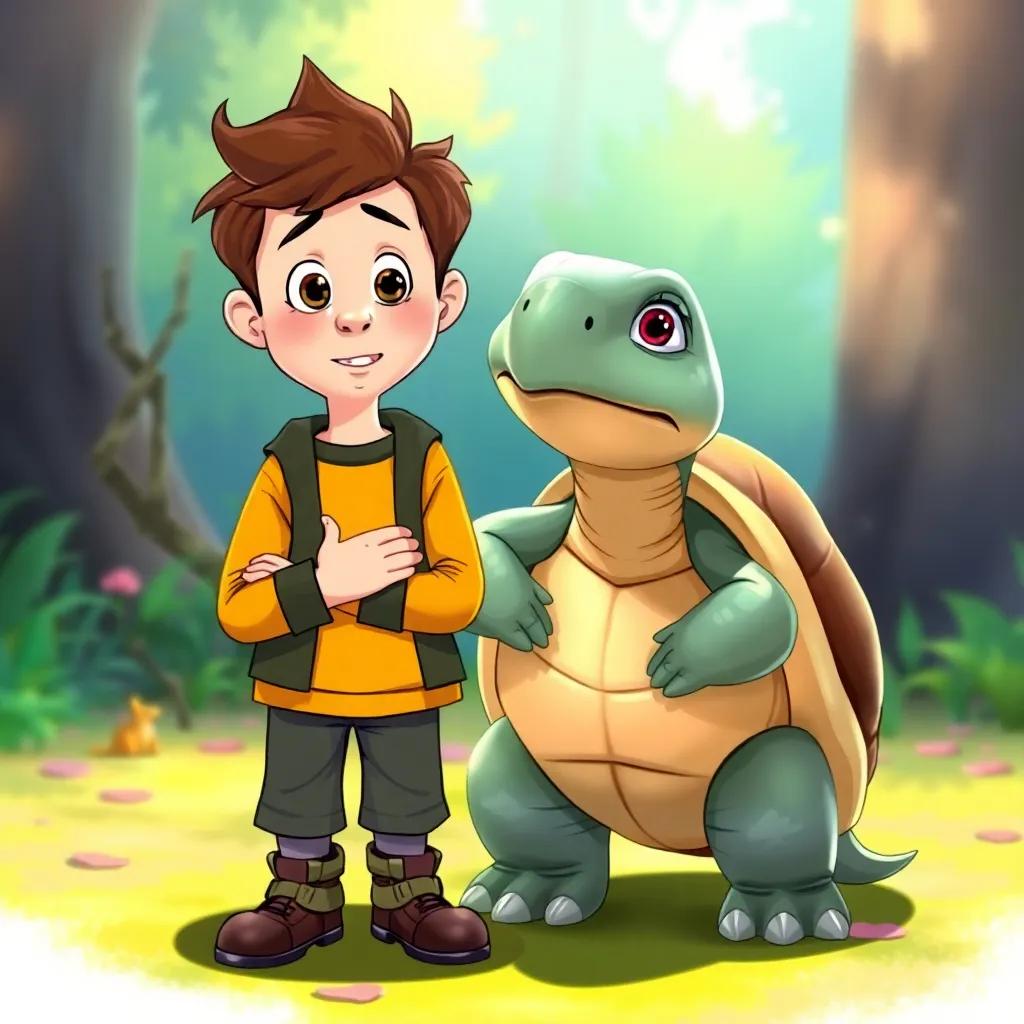 Harry looking embarrassed but learning a lesson, standing beside Terry the tortoise who looks wise and content, colorful hints of forest life around them, illustrating friendship and understanding, positive emotional touch, friendly expression