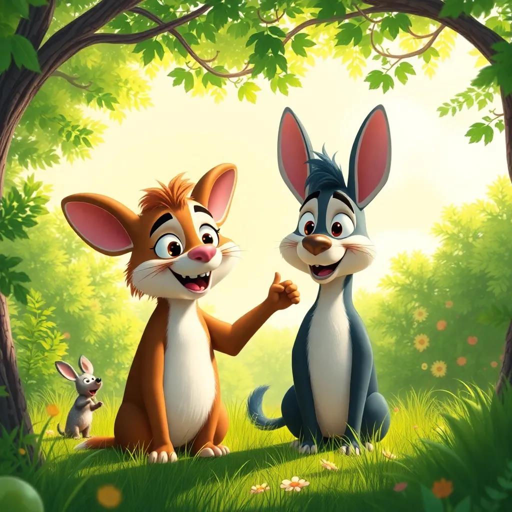 Landscape of the sunny green forest where both Harry and Terry live, warm and inviting scene filled with happiness, showing how they all celebrate their friendship together, cheerful nature, calm and bright, illustration of unity in the animal kingdom