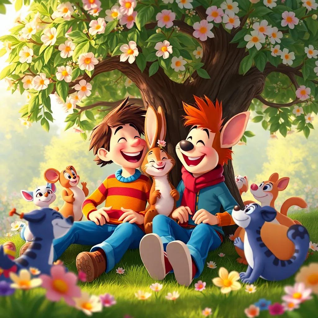Harry and Terry sitting together under a tree, laughing and enjoying their friendship, flowers blooming around them, with other animals joining in the fun, capturing the essence of happiness and camaraderie, colorful, joyful setting